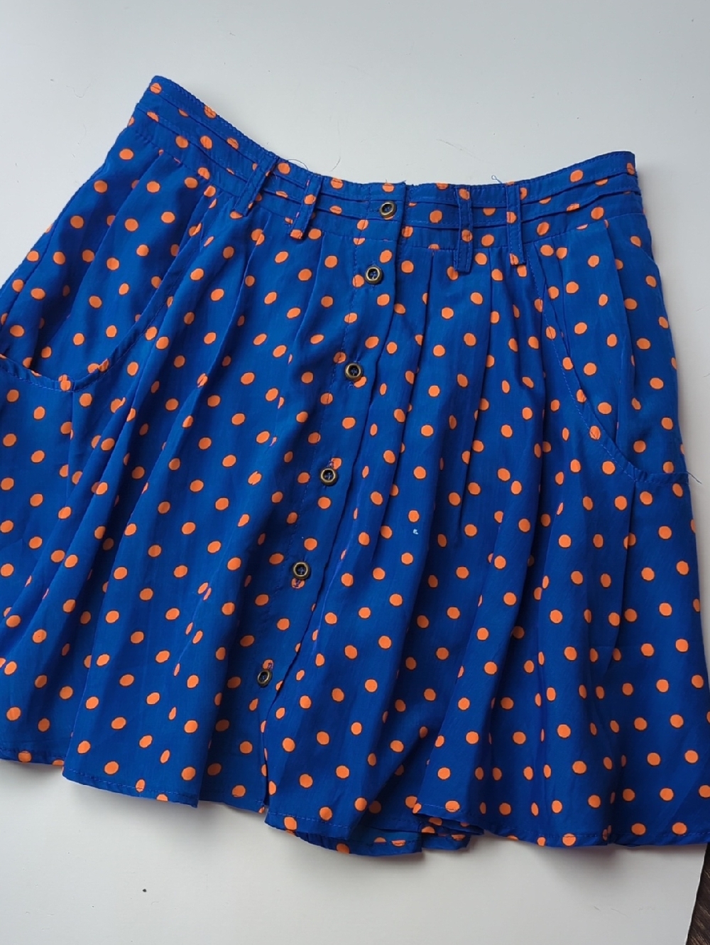 ALICE MOON Modcloth Blue Mini Skirt Orange Polka Dot Button Front